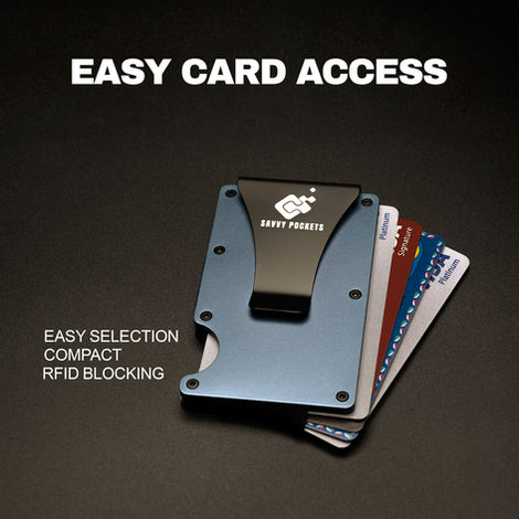 Slim metal wallet with coloured cards fanned out showing easy-access compact design — gift accessory feature product photography