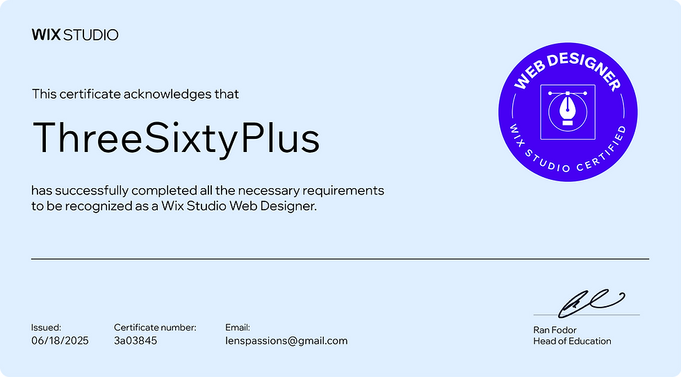 Wix Studio Web Designer Diploma Certificate - Three Sixty Plus