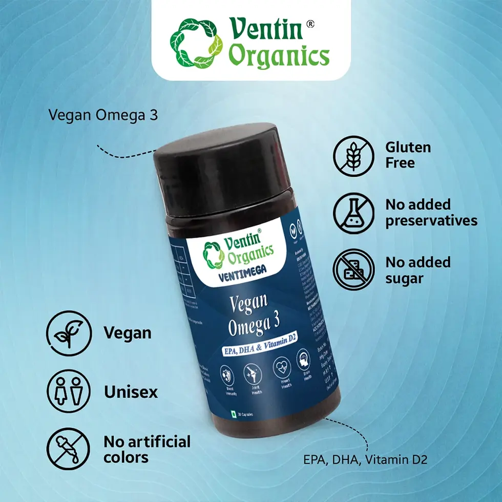 Infographic showing key features of vegan omega-3 supplement including algae source, no fish oil, and clean ingredients