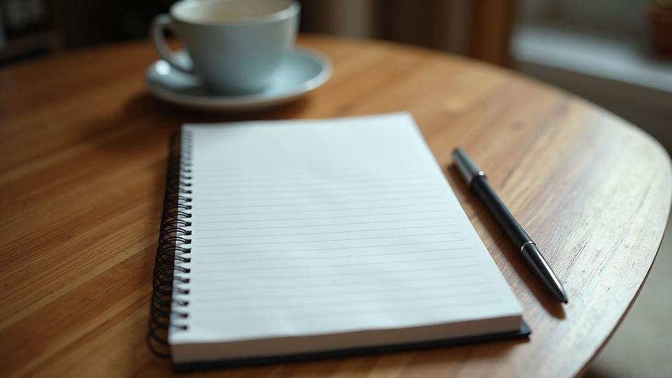 Eye-level view of a notepad and pen on a wooden table