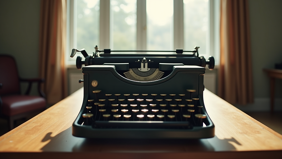 Wide angle view of a vintage typewriter on a wooden desk