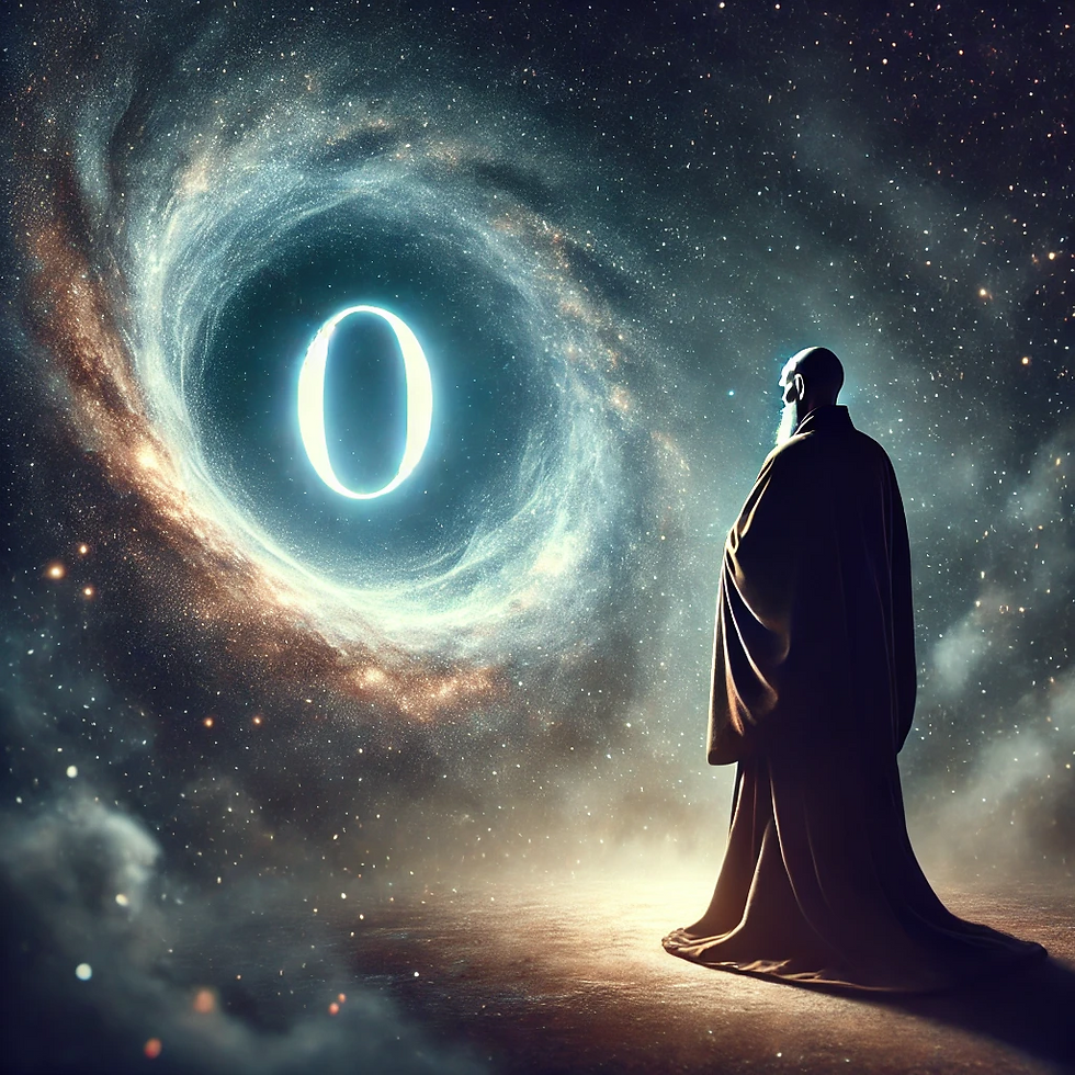 AI-generated image of a monk or philosopher gazing into a void, with a faint zero appearing in the distance.
