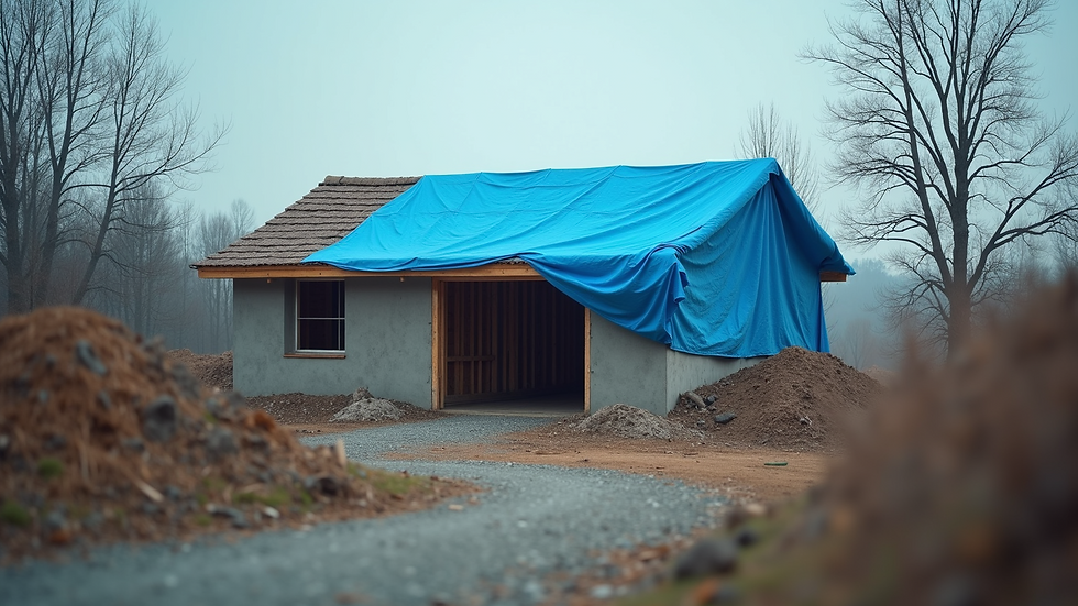 Eye-level view of a construction site with a roof covered by a blue tarp