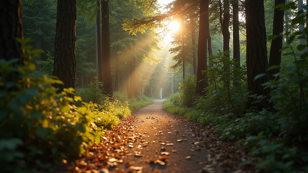 Eye-level view of a quiet path through a forest with sunlight filtering through trees