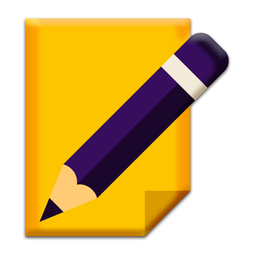 Ícone de lápis roxo sobre fundo amarelo.