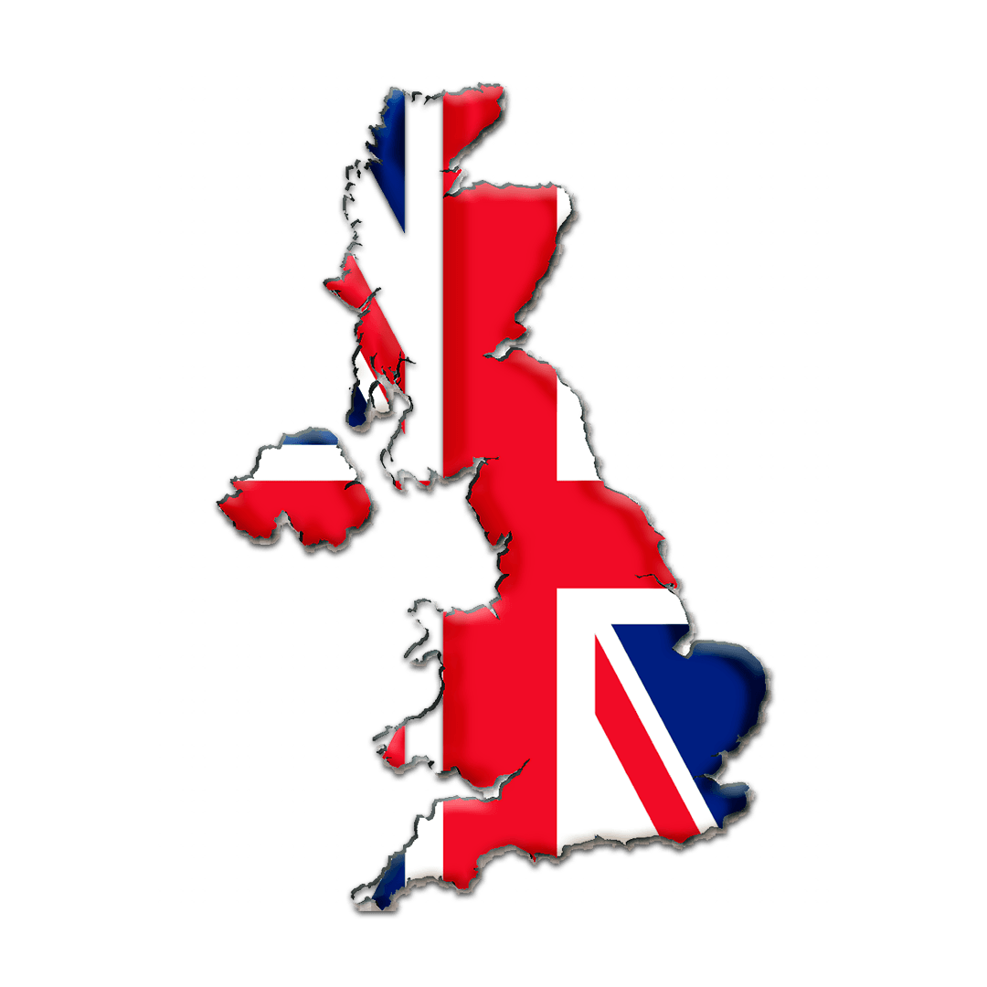 Mapa da Inglaterra com a bandeira britânica.