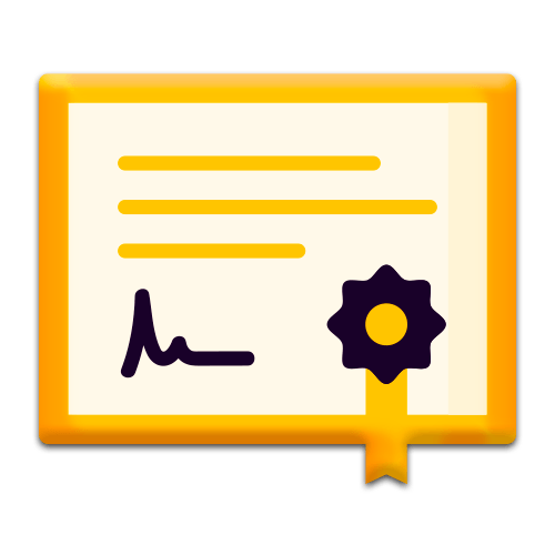 Alt text: Ícone de certificado acima do texto "Cambridge English" em fundo roxo, representando certificação em inglês.