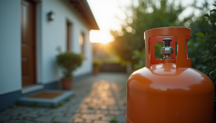 Vue rapprochée d’une bouteille de gaz butane installée à l’extérieur d’une maison