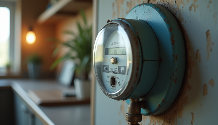 Vue rapprochée d’un compteur de gaz avec un détecteur de fuite posé à côté