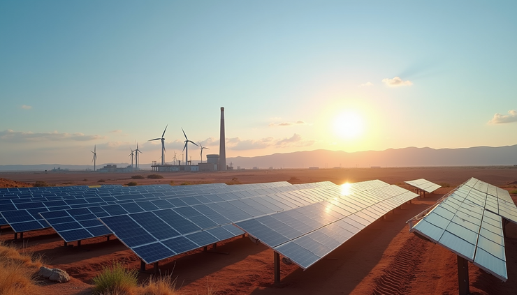 Vue panoramique d’un champ solaire avec une centrale au gaz en arrière-plan en Afrique