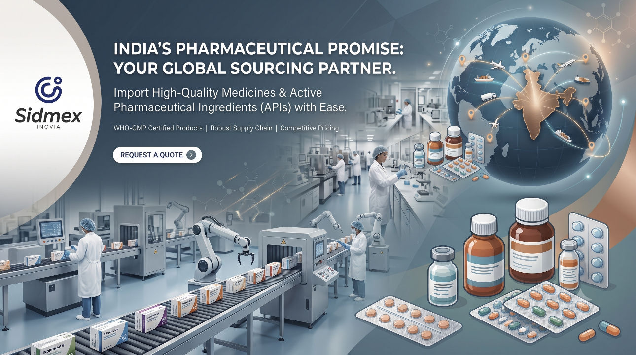 Banner illustrating the guide to importing pharmaceutical products from India for global buyers by Sidmex Inovia, showcasing a global supply chain, a modern automated manufacturing plant, and WHO-GMP certified medicines.
