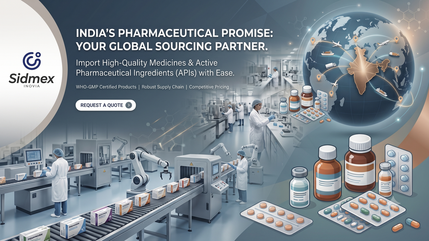 Banner illustrating the guide to importing pharmaceutical products from India for global buyers by Sidmex Inovia, showcasing a global supply chain, a modern automated manufacturing plant, and WHO-GMP certified medicines.