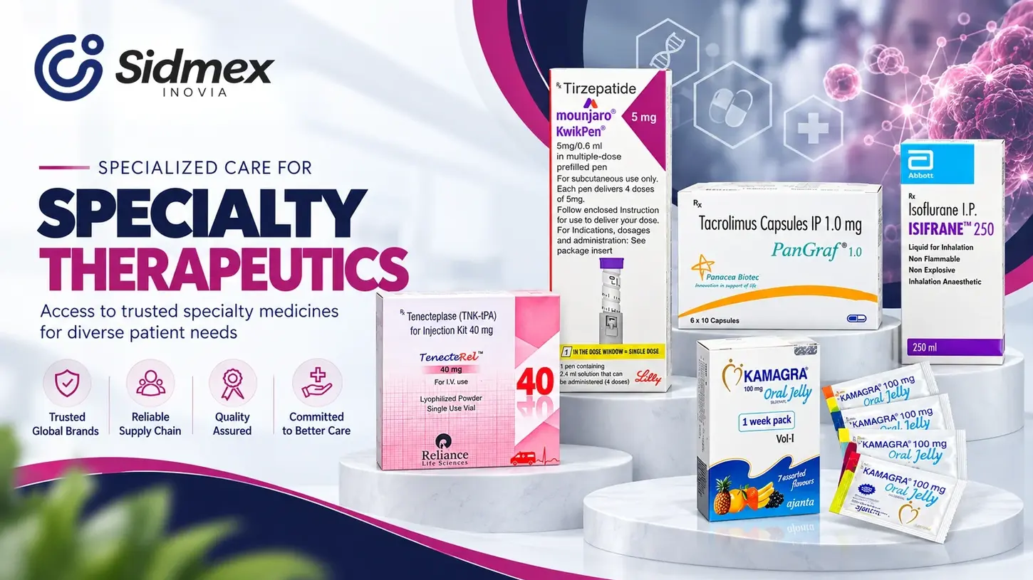 Specialty Therapeutics medicines from Sidmex Inovia including TenecteRel, Mounjaro, PanGraf, Isifurane, and Kamagra Oral Jelly