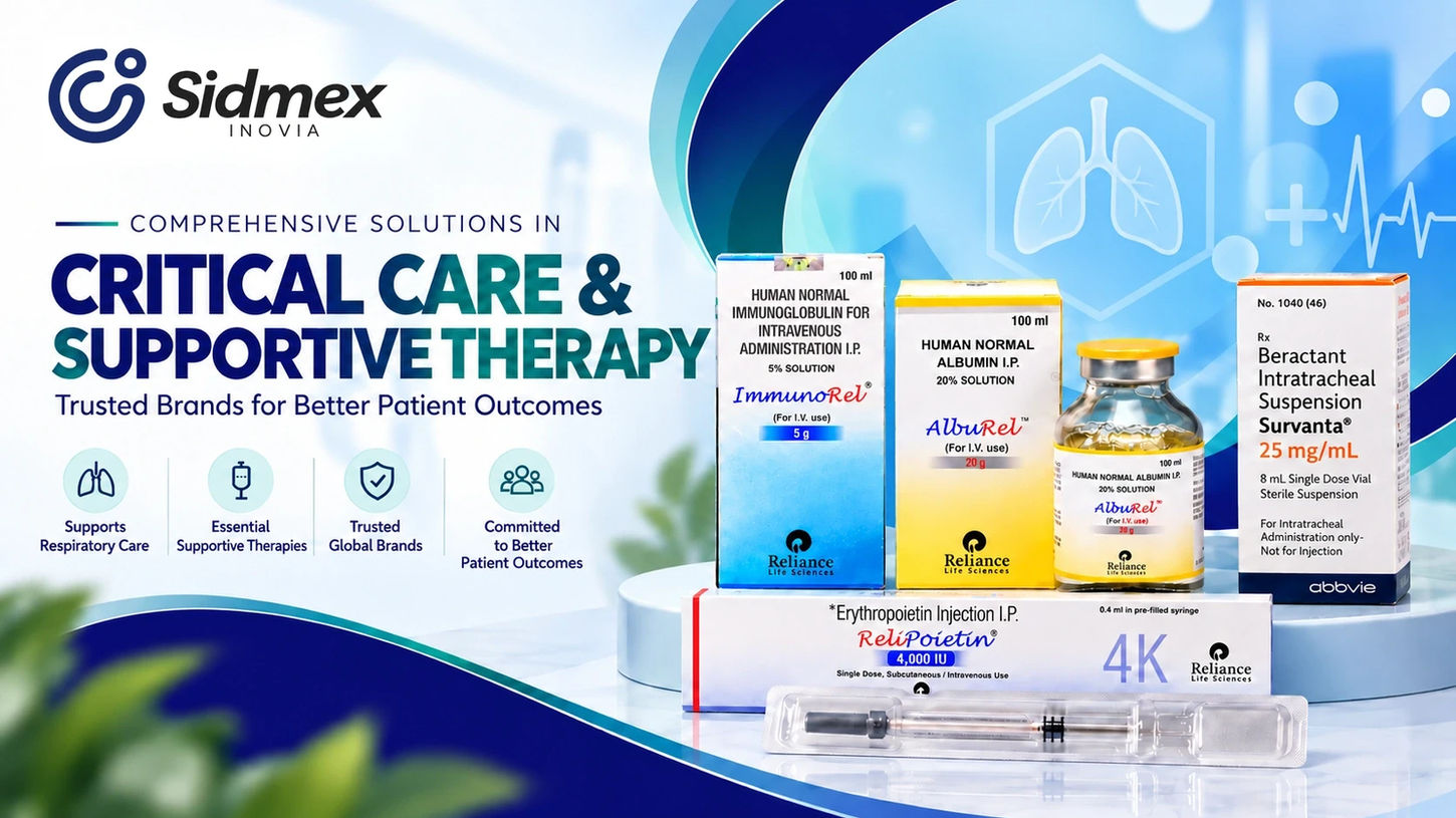 Critical Care and Supportive Therapy medicines including ImmunoRel, AlbuRel, ReliPoietin, and Survanta by Sidmex Inovia