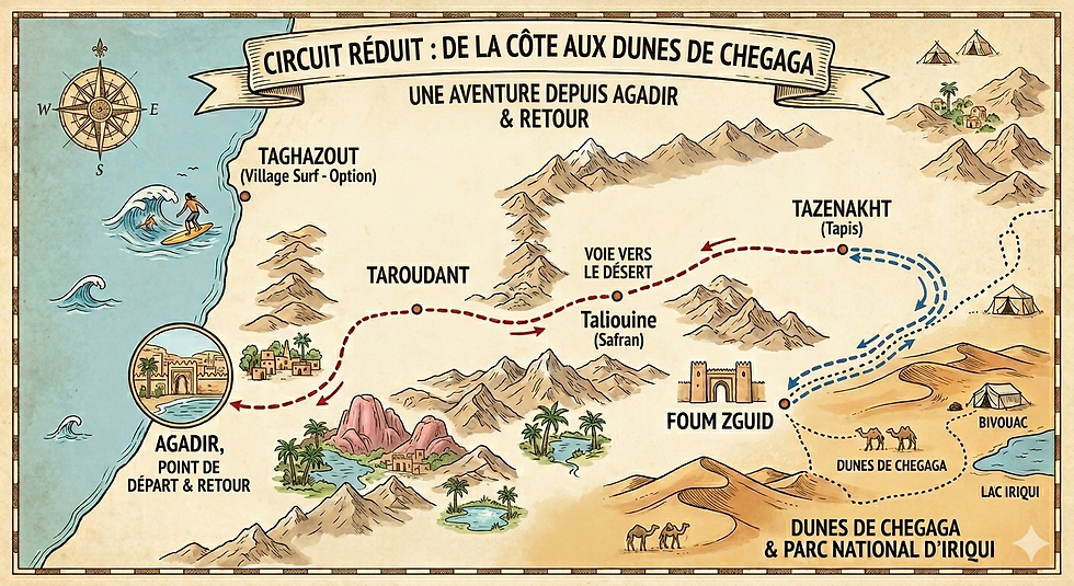 carte du maroc pour un circuit de 3 jours et 2 nuits de Agadir jusqu'au désert de Chegaga via Foum Zguid
