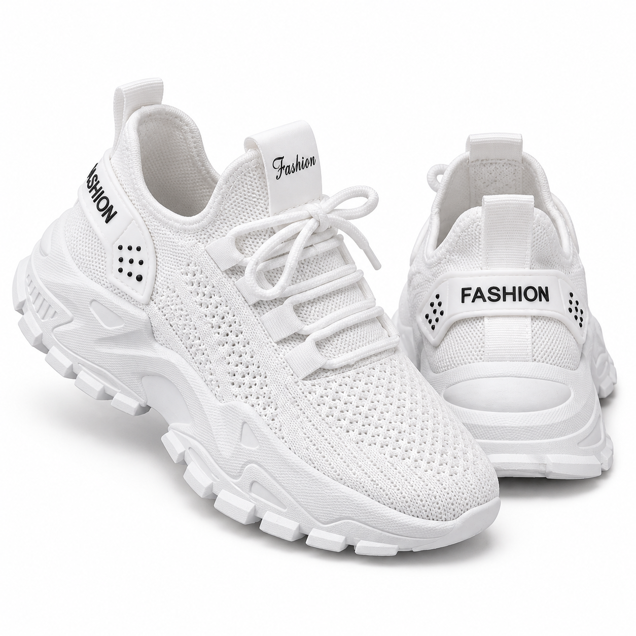 White breathable knit trainers with thick soles