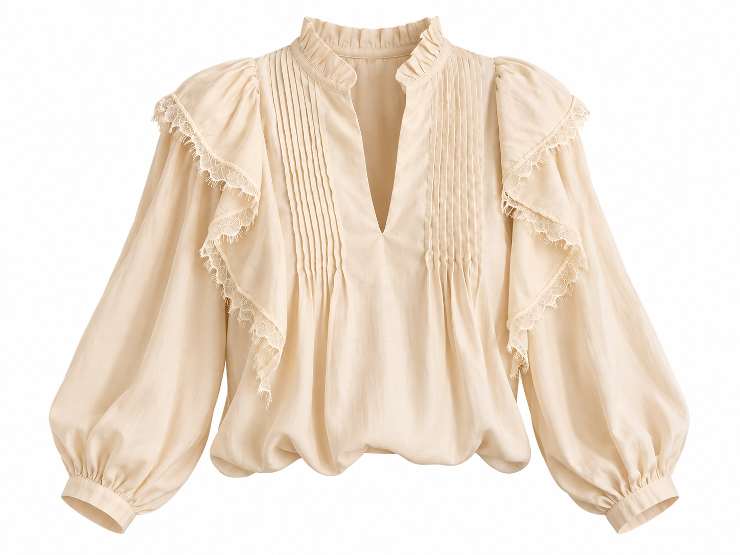 Cream Ruffle V-Neck Layered Top with pleated details