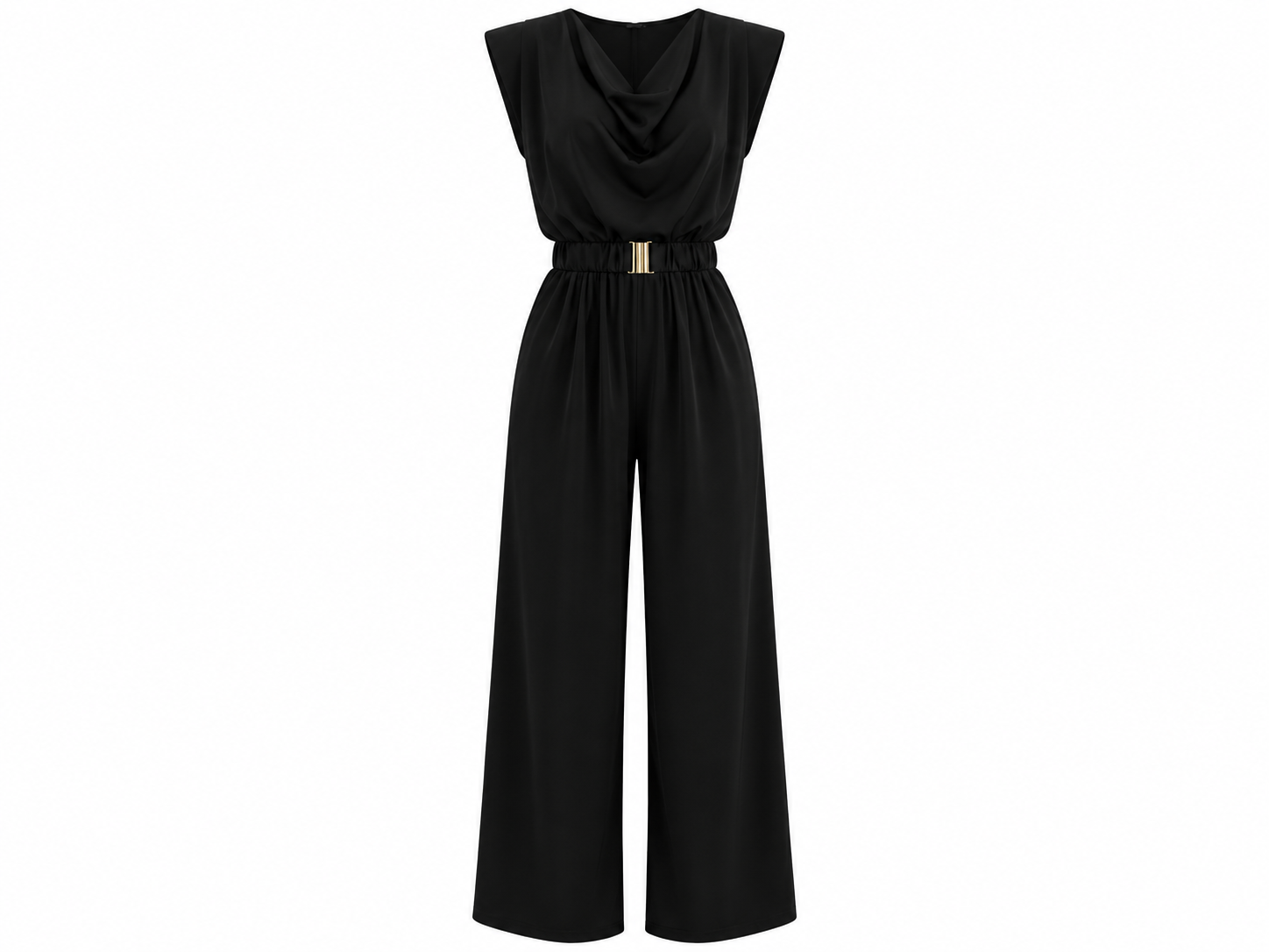 Sleeveless black pocket jumpsuit with gold buckle belt
