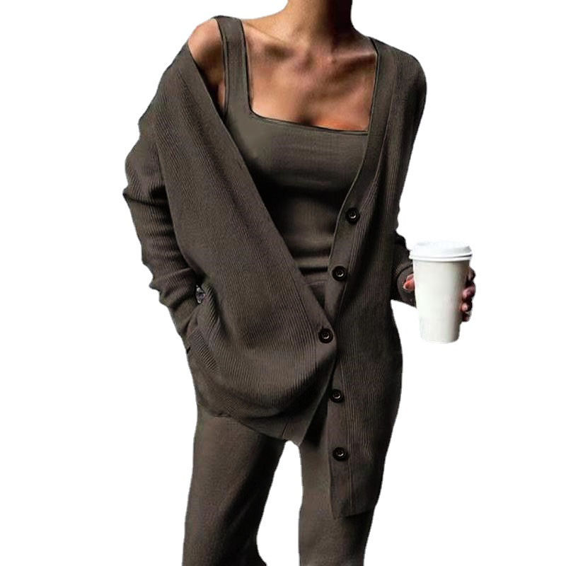 Brown Knitted Cardigan Three-Piece Set with coffee cup