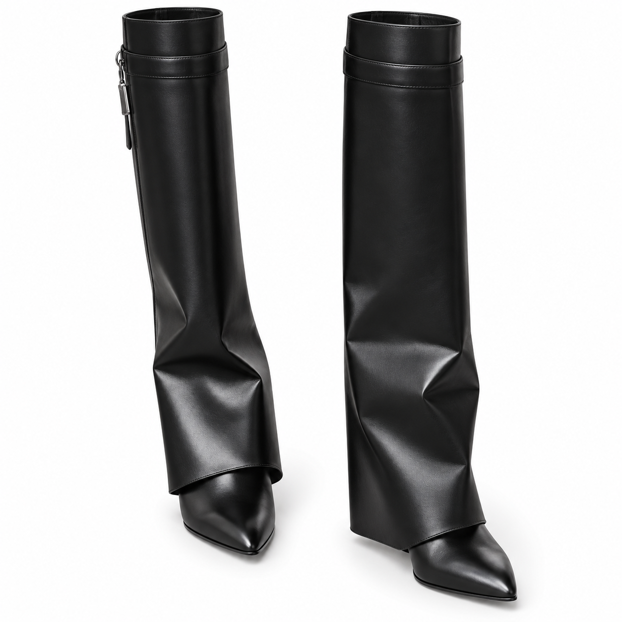 Pair of black knee-high slip-on boots with pointed toes.