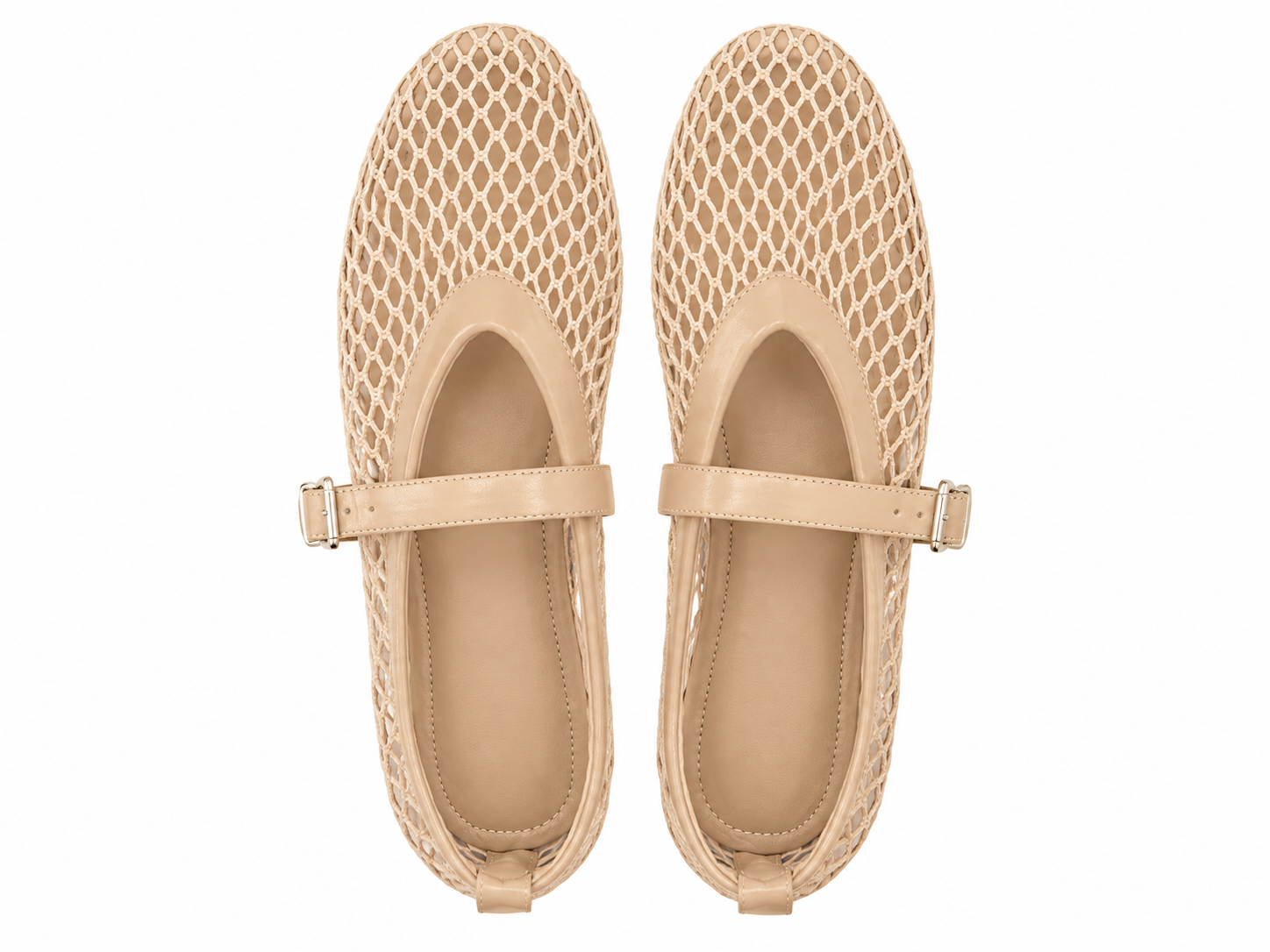 Beige round toe buckle strap flat sandals with mesh detail