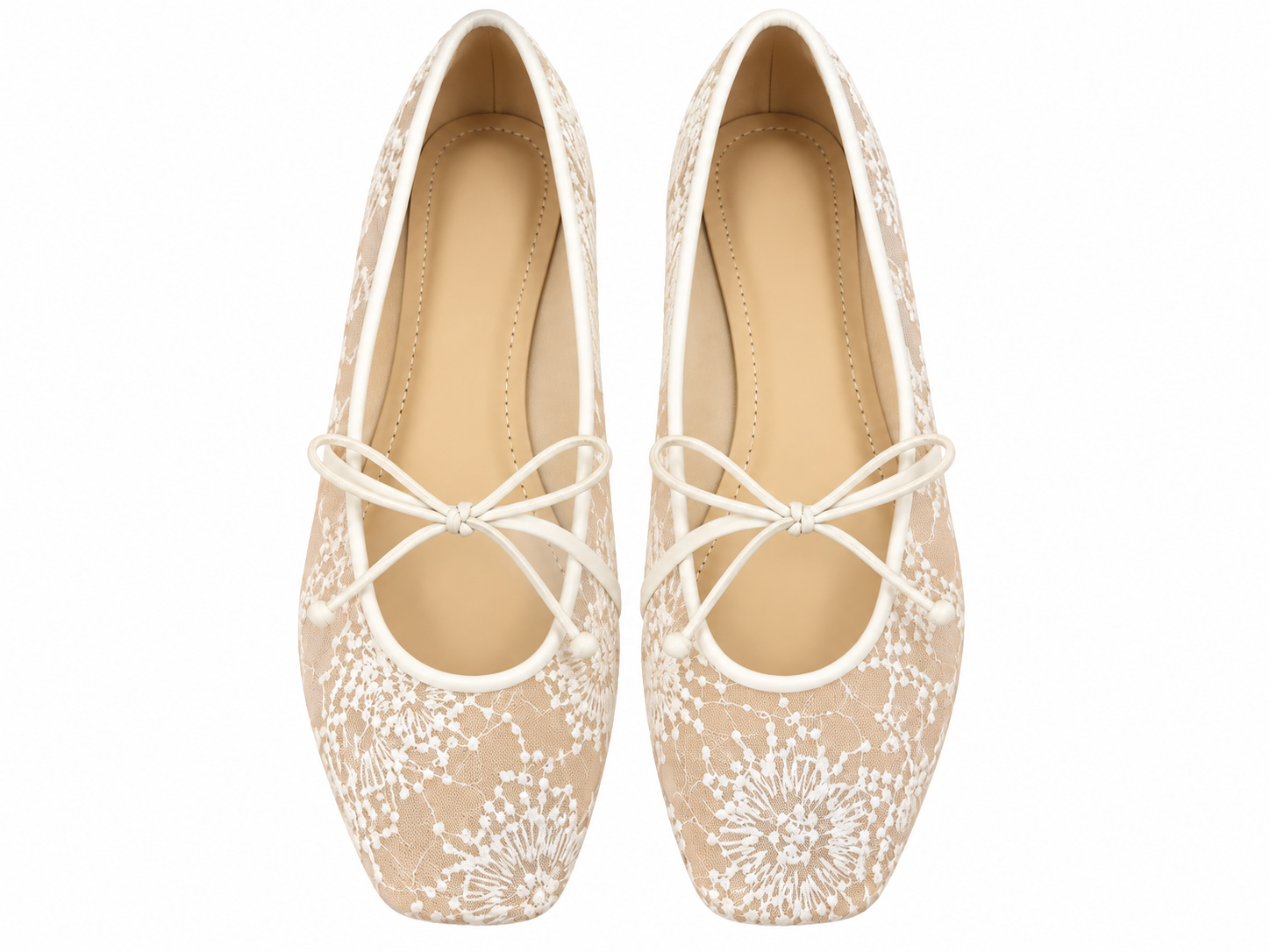 Top view of white lace Mary Jane flats with bow details