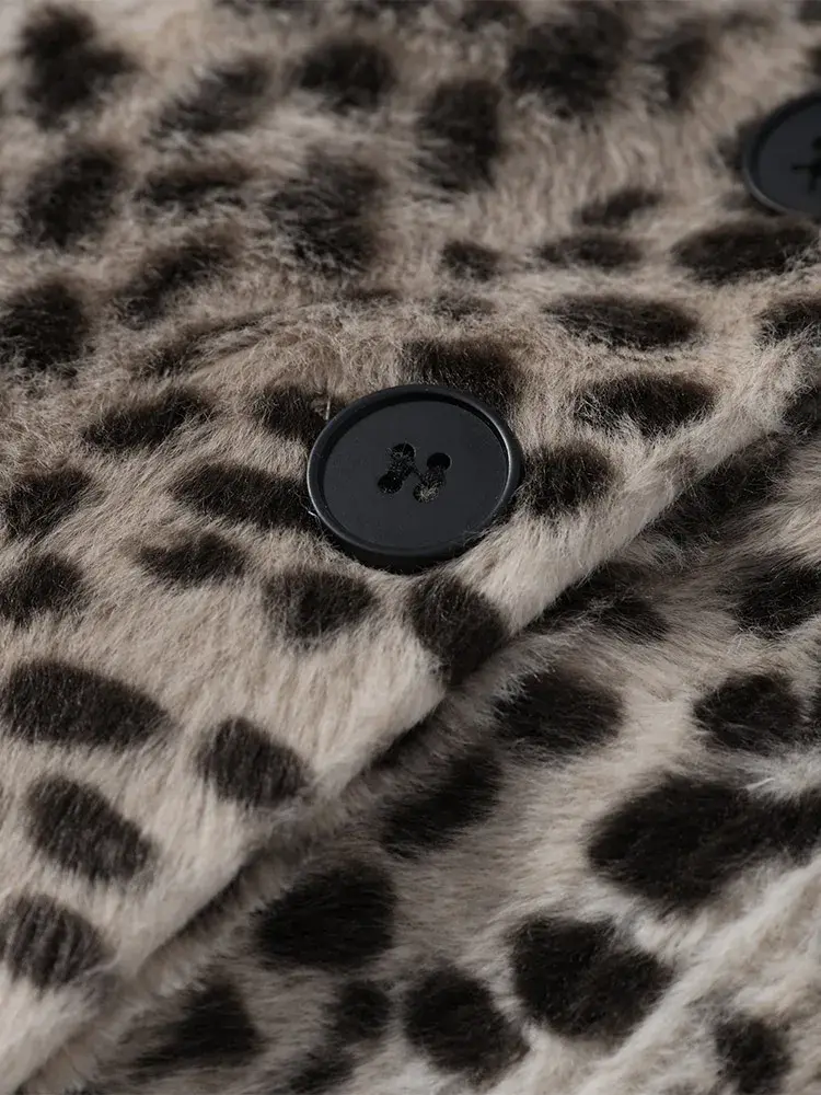 Close-up of a leopard print buttoned jacket texture.