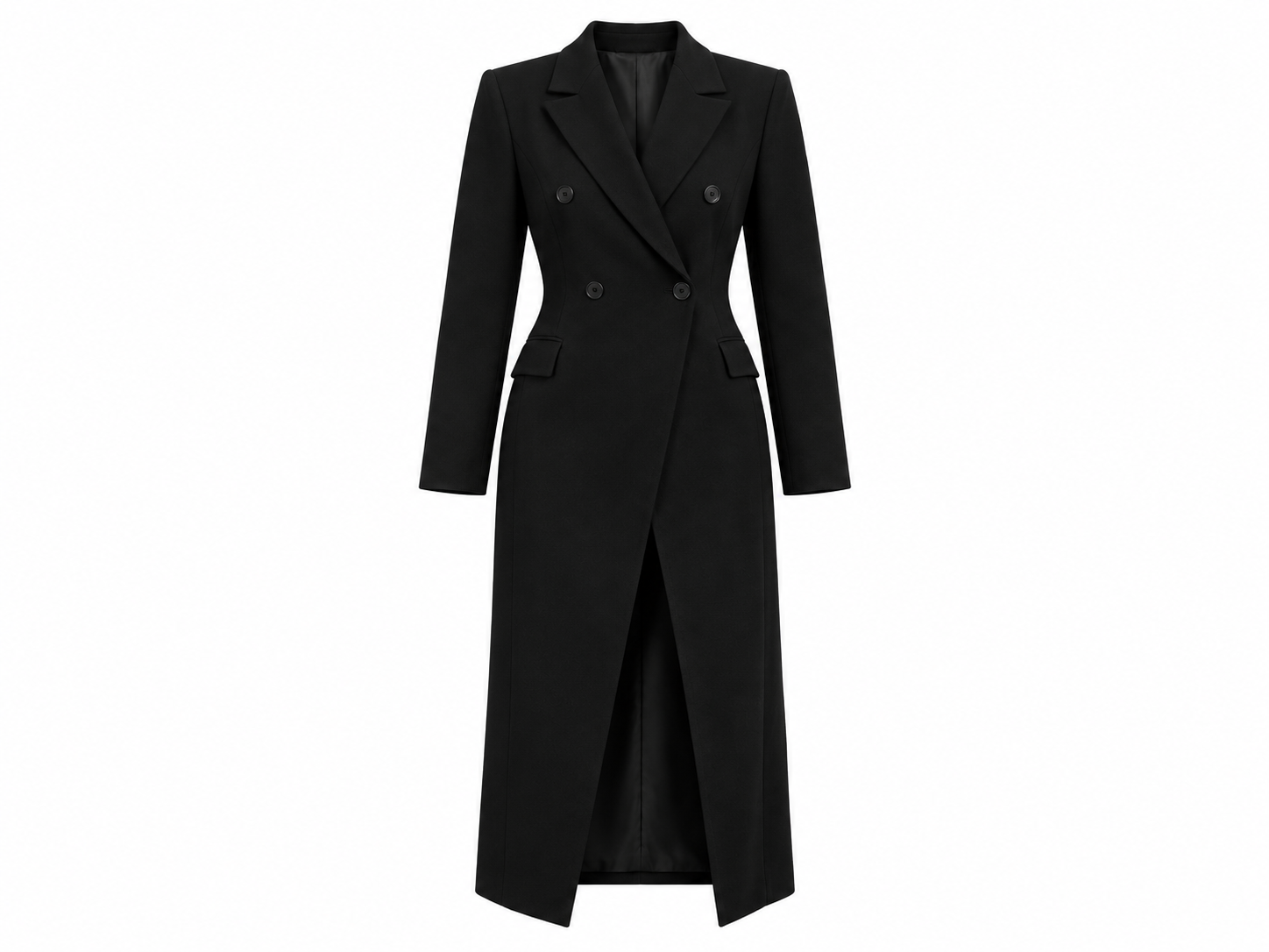 Black double-breasted suit midi dress with peaked lapels.