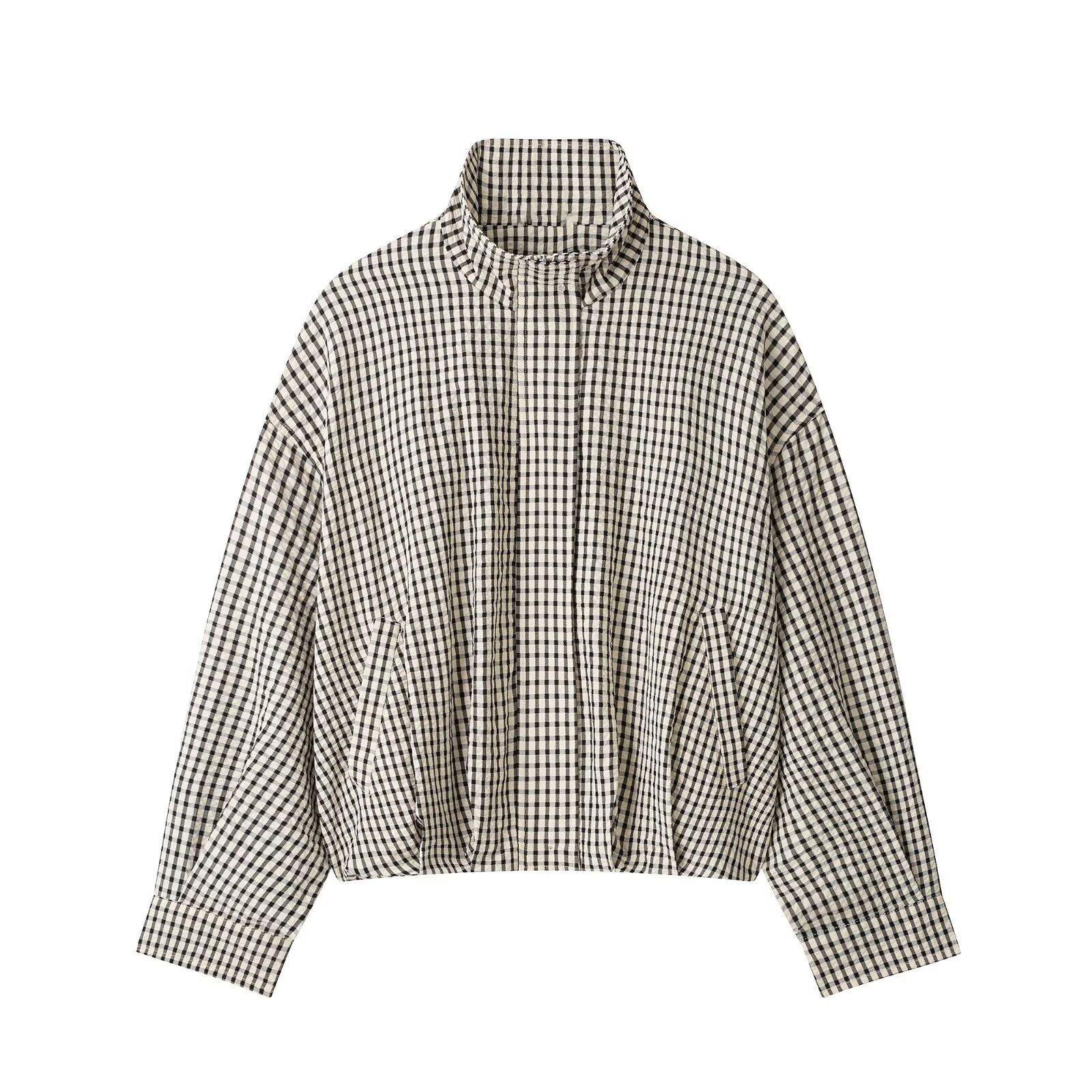 Plaid High-Neck Zip-Up Bomber Jacket in black and white