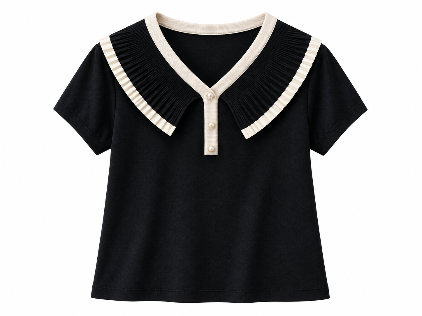 Black V-neck t-shirt with pleated ruffle collar and pearl buttons