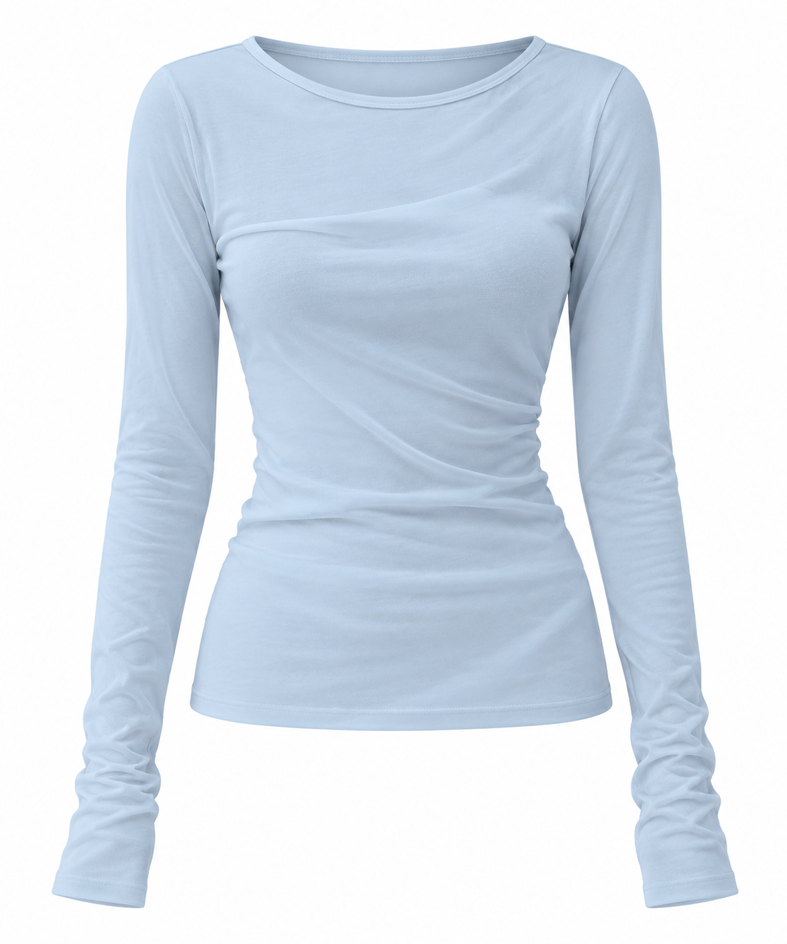 Light blue relaxed long sleeve t-shirt with ruched front.