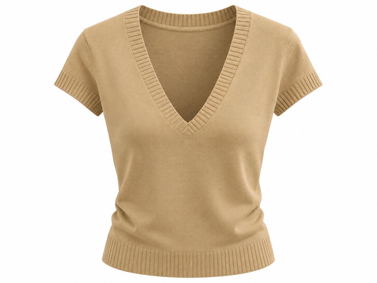 Tan V-neck short sleeve knit top