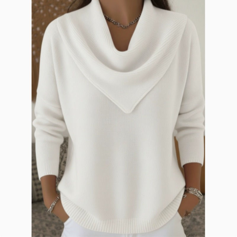 White draped neck knit top with long sleeves