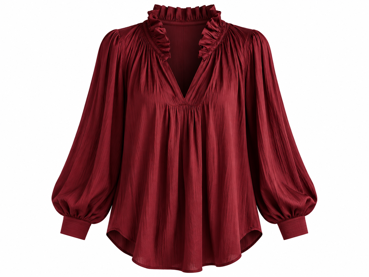 Red Ruffle V-Neck Blouse with long lantern sleeves