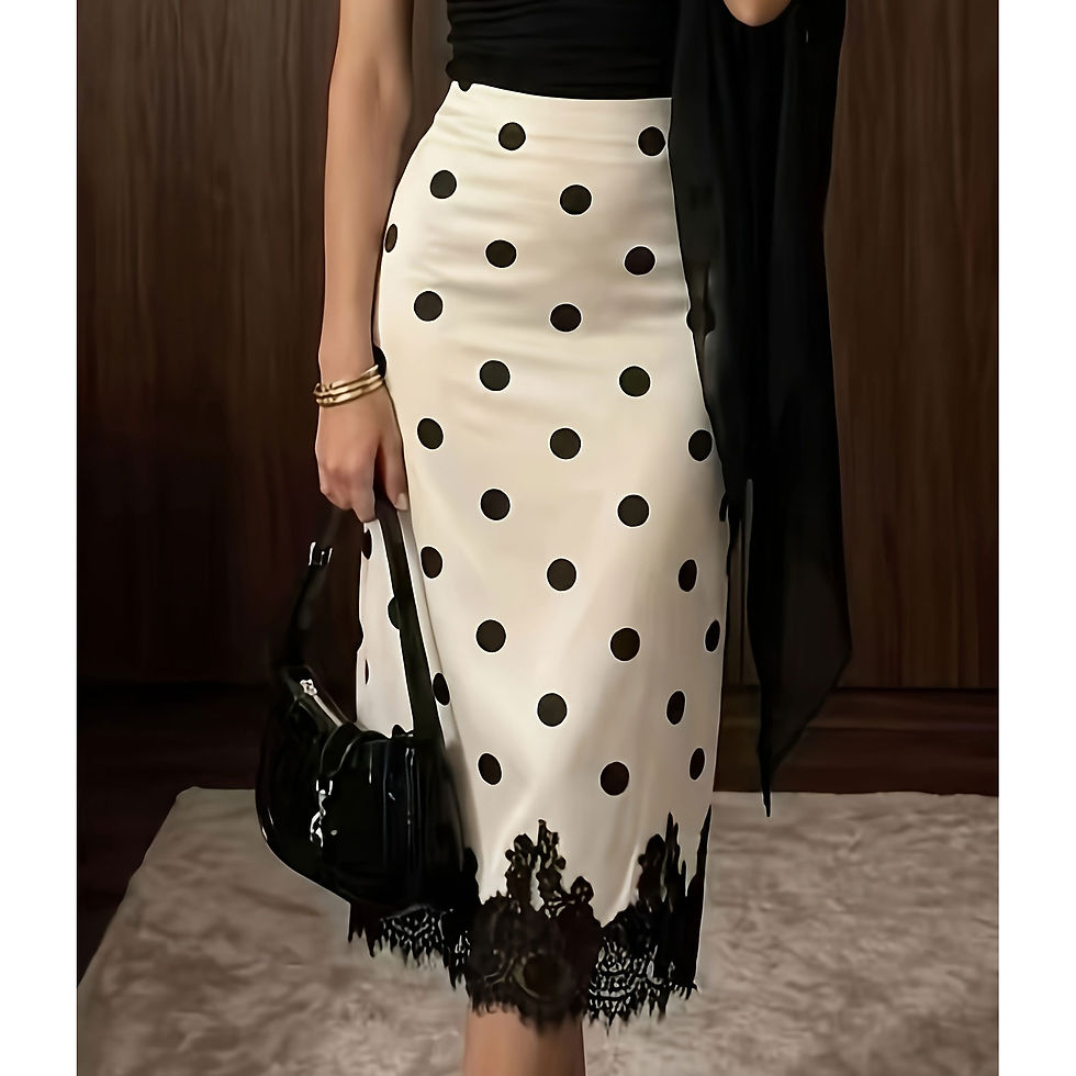 Thumbnail: Polka dot lace high-waist skirt with black lace hem.