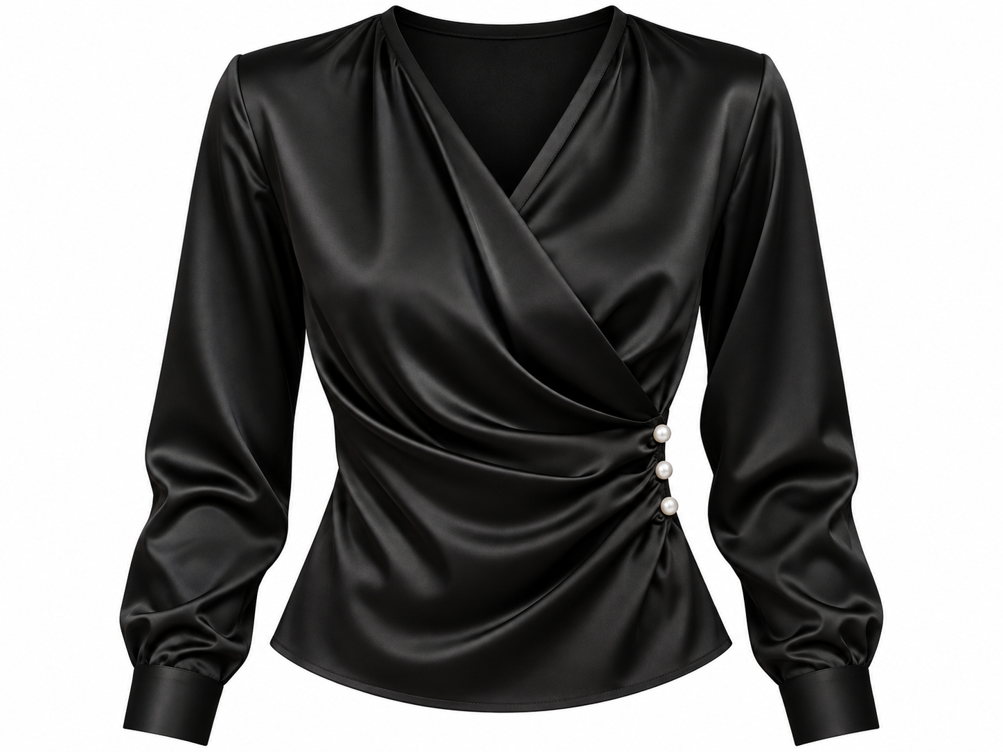 Black Satin V-Neck Wrap Blouse with pearl buttons