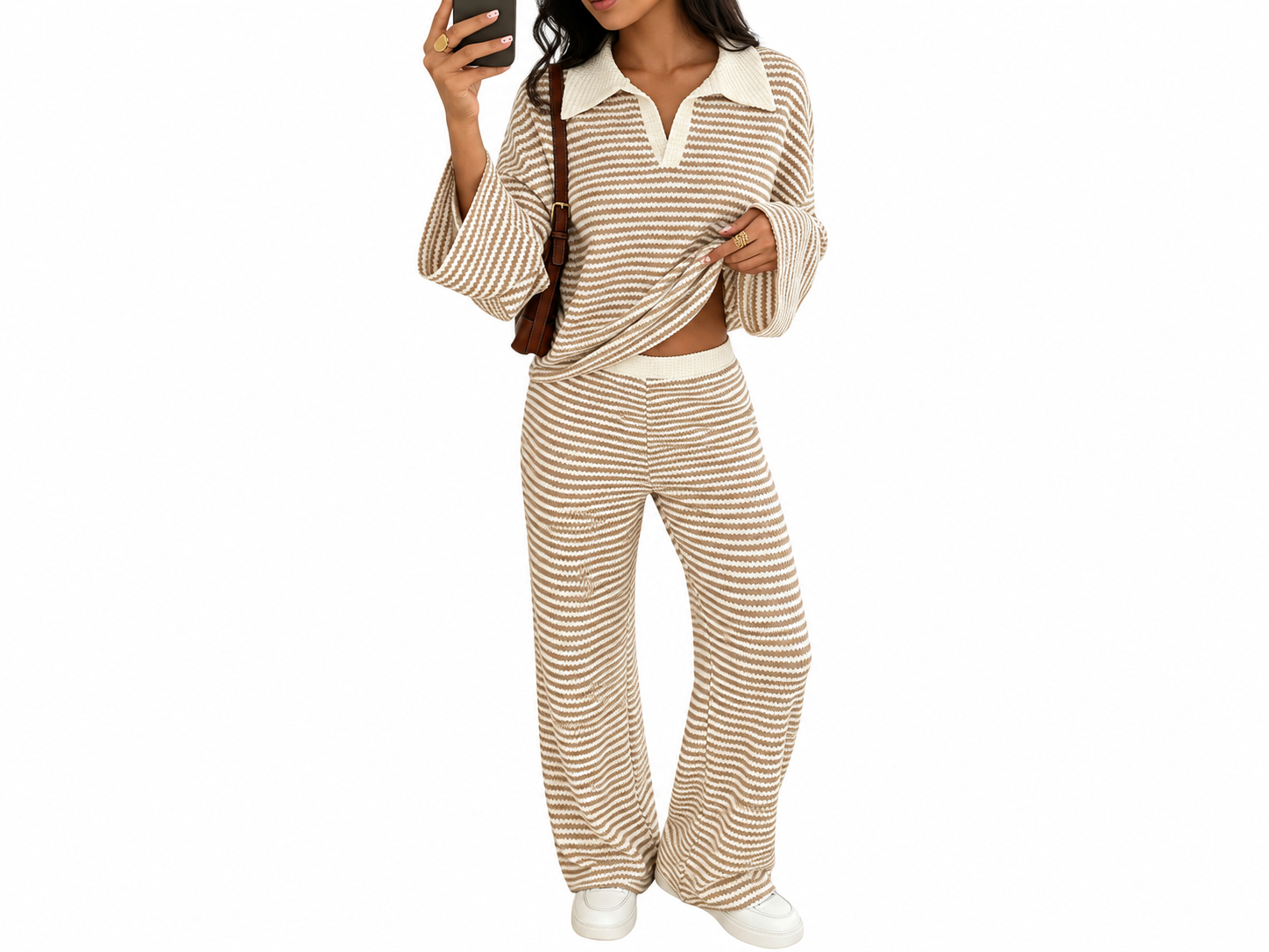 Brown and white striped knit two-piece set