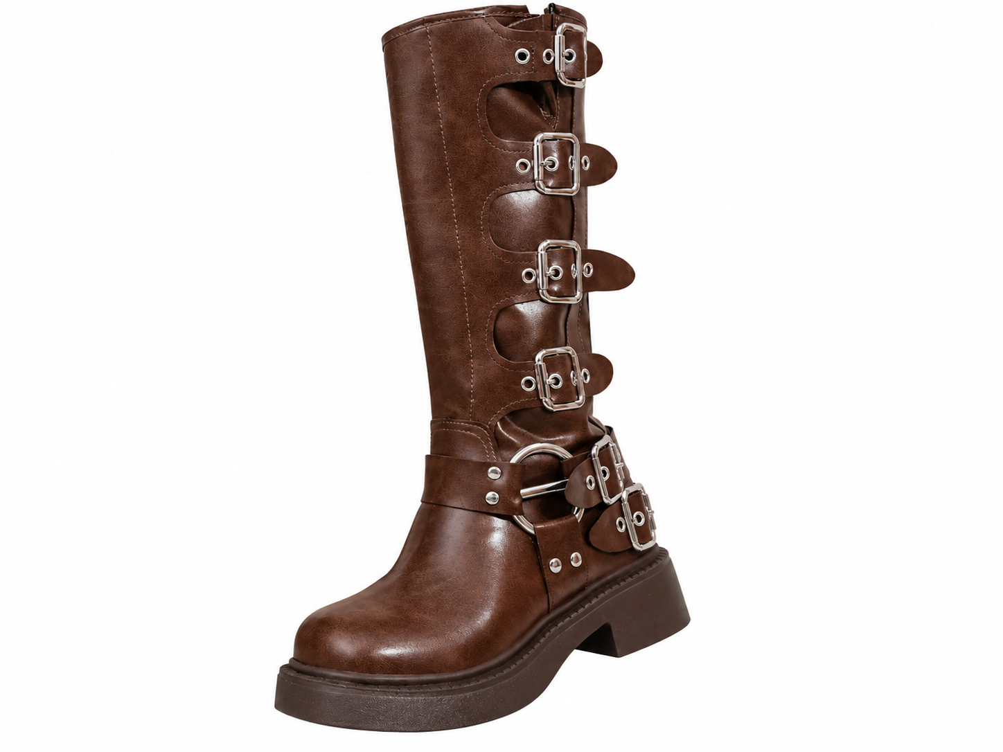 Brown knee-high platform boots with multiple buckles