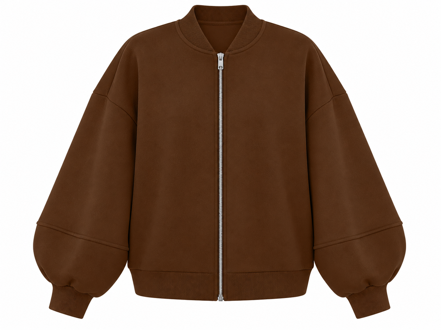 Brown zip-up bomber jacket with puff sleeves