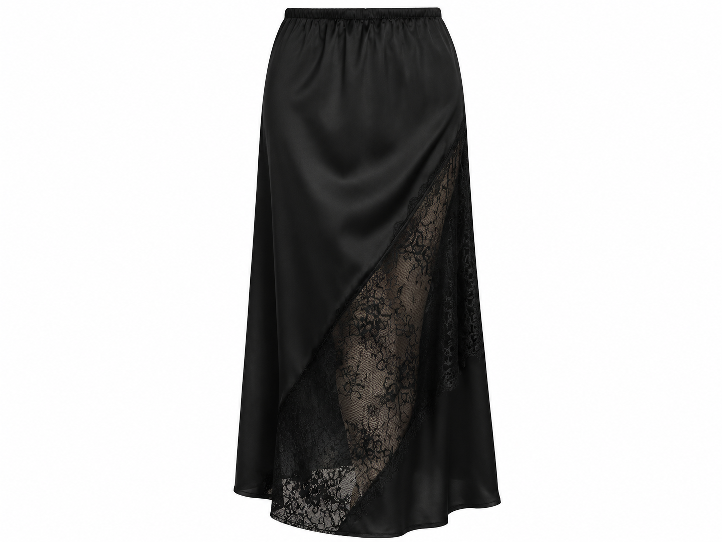Black satin lace trim maxi skirt with high leg slit