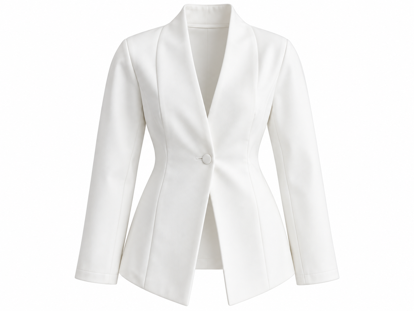 White waist-cinched v-neck jacket with single button closure