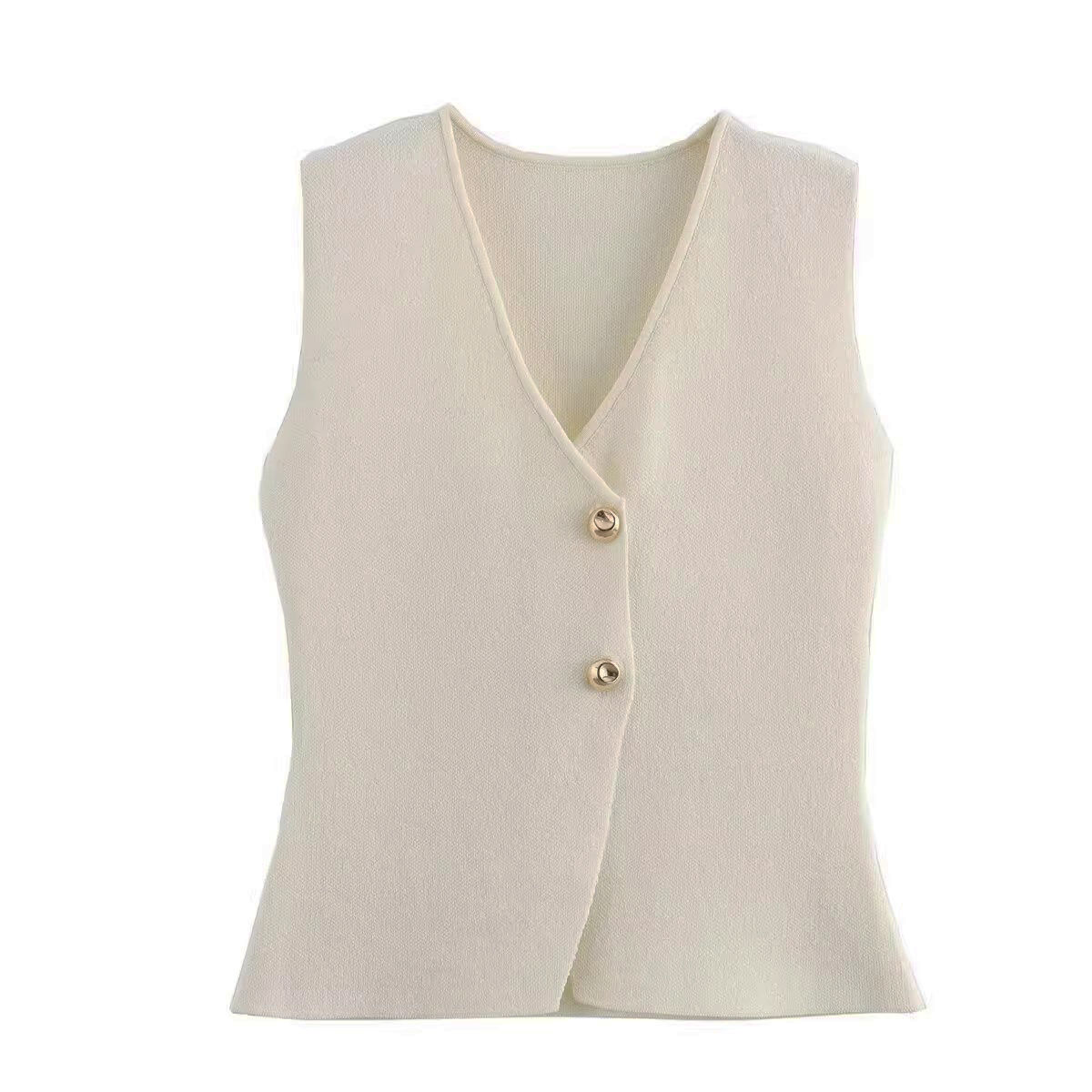 Cream Gold Button V-Neck Tank Top flat lay