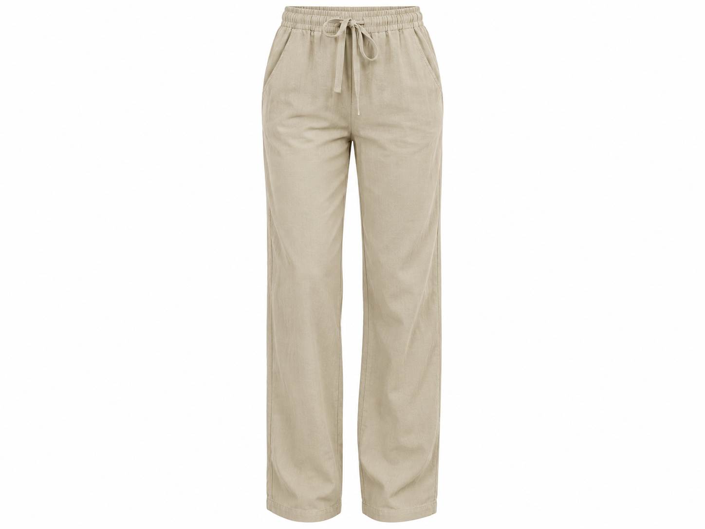 Beige cotton linen drawstring trousers with elastic waist
