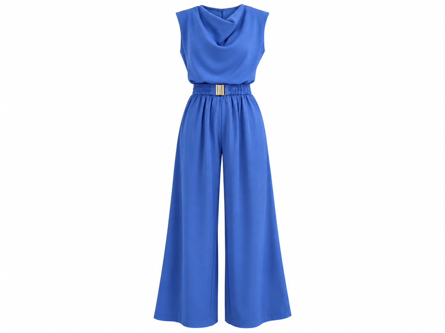 Blue belted wide-leg romper with draped neckline