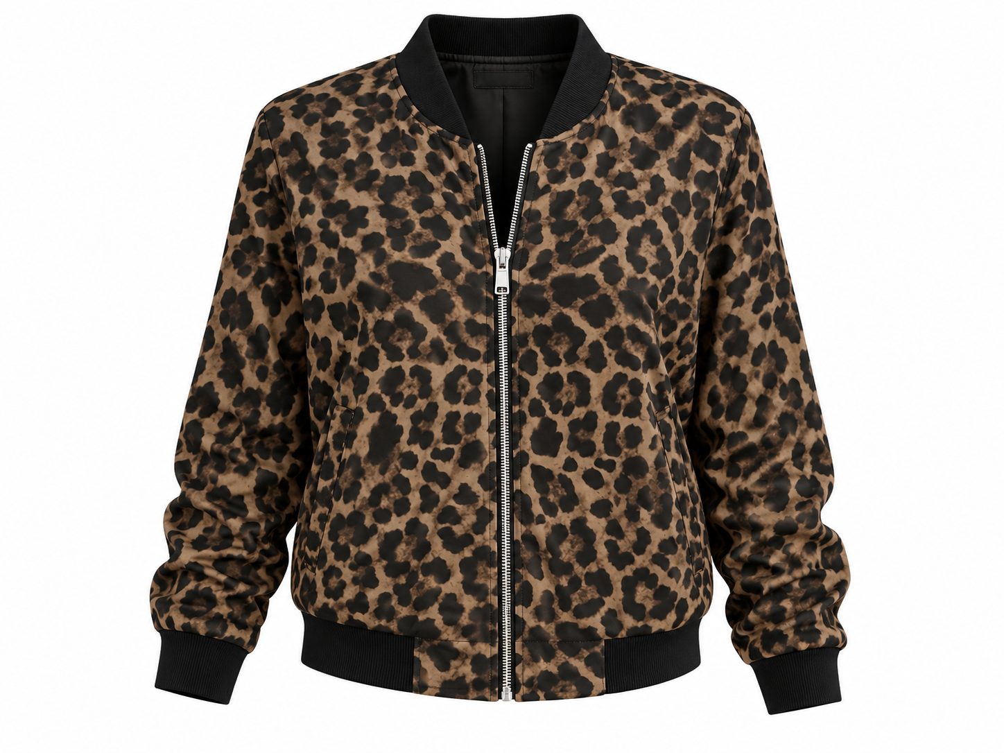 Leopard print baseball jacket with black ribbed trim