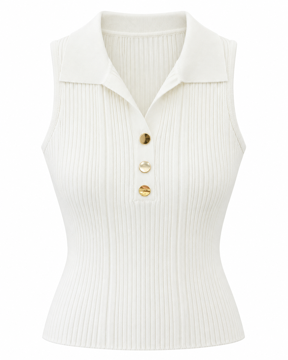White ribbed slim fit polo collar tank top with gold buttons.
