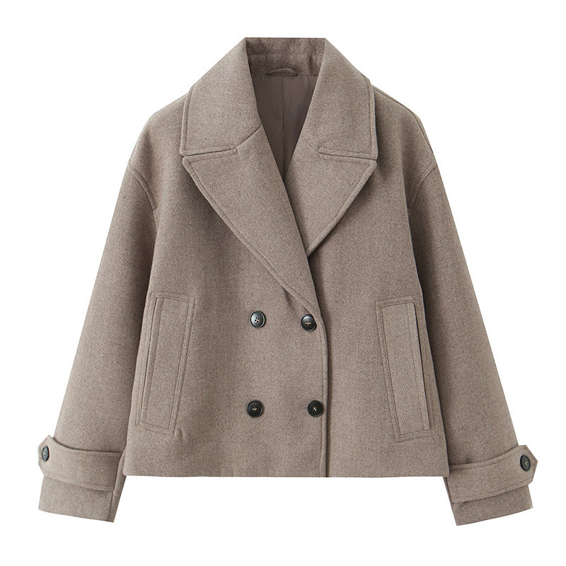 Double-breasted lapel trench jacket in brown wool blend.