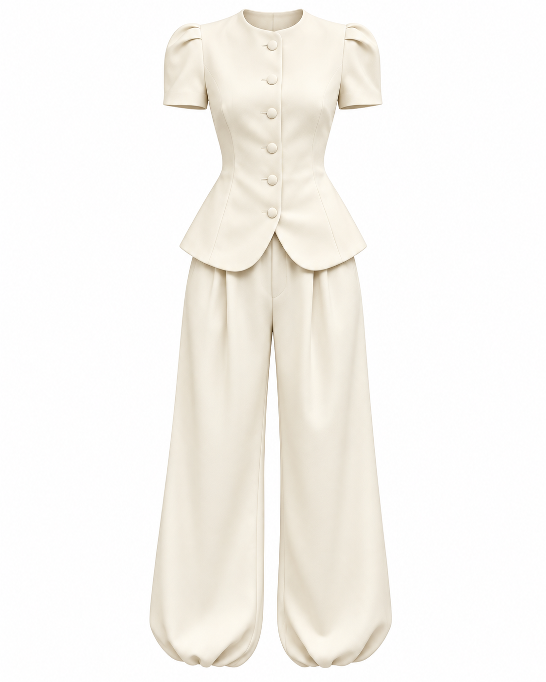 Cream short sleeve wide-leg two-piece set
