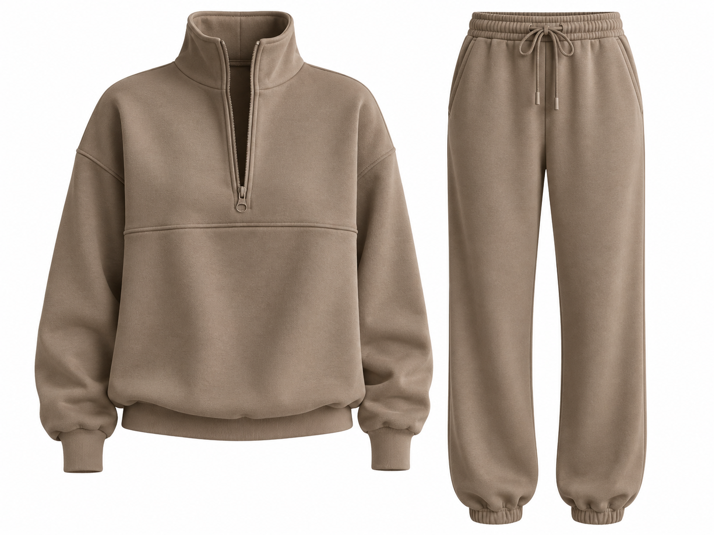 Taupe zip-up collar sweatshirt and matching sweatpants set
