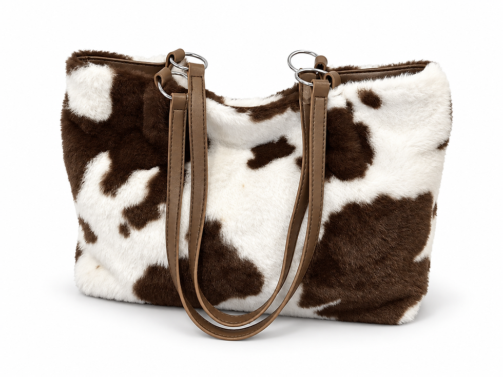 Plush cow print tote bag with brown faux fur and straps